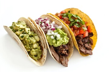 Three diverse tacos showcasing various fillings against a plain background.
