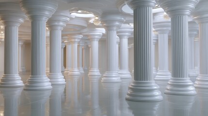 A serene interior featuring numerous white columns with intricate designs, reflecting a sense of grandeur and elegance.