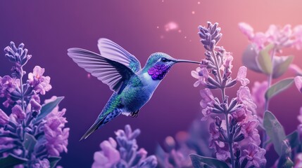 Fototapeta premium Hummingbird in flight seeking nectar amidst lavender blooms vibrant colors