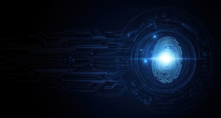Obraz premium Digital fingerprint interface design with glowing circuit lines.