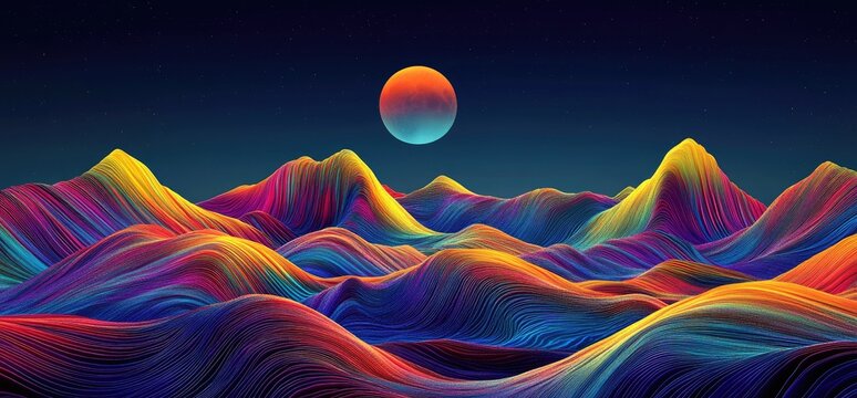 Vibrant, abstract landscape with colorful, flowing mountains under a luminous celestial body