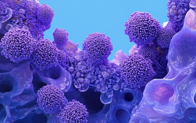 Obraz premium Abstract representation of cellular structures. Clusters of spherical, textured, violet-purple shapes within a translucent, porous, lavender-blue matrix
