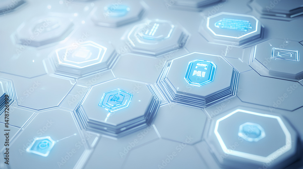 Poster blue ai text and digital icons within hexagonal elements on a white background, styled with holograp