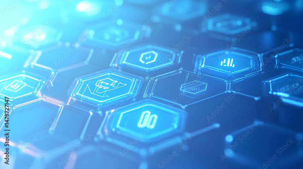 Poster blue ai text and digital icons within hexagonal elements on a white background, styled with holograp
