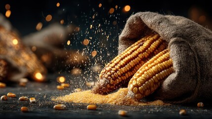 Corn kernels spilling from a burlap sack, golden and rustic.