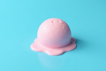 A Single Scoop of Pink Ice Cream Melts Slowly on a Vibrant Blue Surface