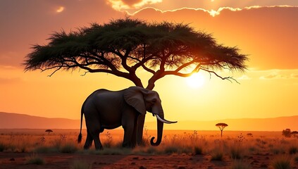 Obraz premium Lone African elephant standing under an acacia tree in the savannah, casting a long shadow in golden light during early evening