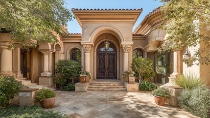 Fototapeta premium Elegant residential house entrance with classic architectural details, white columns and landscaped front yard under soft blue sky in natural daylight, representing luxury real estate and suburban hom
