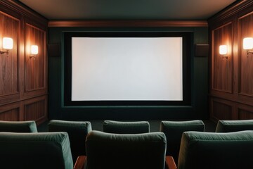 Fototapeta premium Cozy home cinema room with plush seating and large screen projecting blank white background
