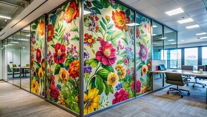 Vibrant Floral Office Partition - Modern Workspace Decor Stock Photo