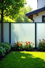 Modern frosted glass fence separating lush green lawn and vibrant flowerbeds in a sunlit garden