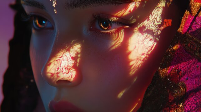Intricate shadow play on a thoughtful face, accentuated with adornments