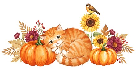 Autumn's Gentle Embrace: A Watercolor Kitten and Harvest Bounty