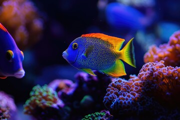 Vibrant blue and orange fish swim amidst colorful coral reef in an aquarium.