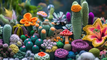 Fototapeta premium Crochet desert landscape. Colorful crocheted succulents, cacti, and flowers