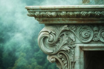 Intricate stone carving detail on a weathered column, showcasing ornate floral and scrollwork against a misty backdrop.