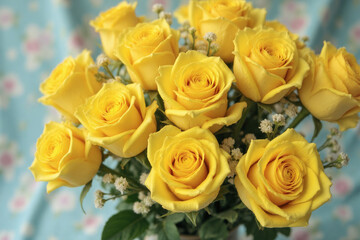 Obraz premium bouquet of yellow roses on a blue and green background