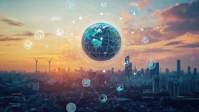 Global interconnected city network.  A futuristic cityscape with a digital globe, overlaid with a network of interconnected data symbols representing global sustainability and smart city technologies