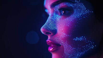 Woman showing futuristic facial recognition technology with glowing dots