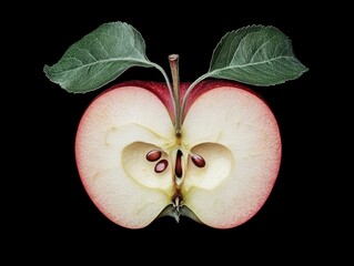 Apple cross section studio shot showing seeds and leaf detail on black background close up healthy food