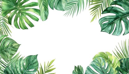 Tropical leaves frame, vibrant green hues. Lush foliage, various shapes and sizes, create a botanical border on white background.  Watercolor style adds a delicate touch