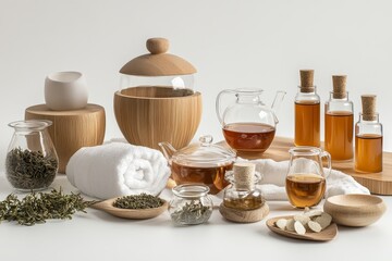 Sophisticated summer spa setting with handcrafted herbal teas, bamboo steamers, plush towels, and aromatic essential oils, set on white background.