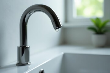 A single drop of water hangs from a modern, chrome faucet, poised above a pristine white basin in a minimalist bathroom setting