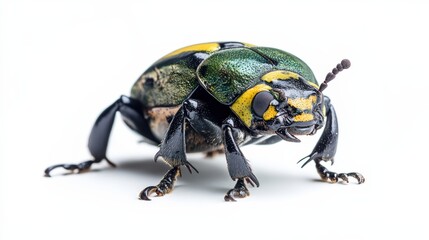 Jewel beetle elegance with iridescent green and gold on a stark white backdrop