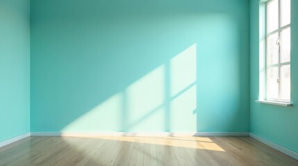 Obraz premium Sunlit Empty Room with Light Teal Walls and Hardwood Floor