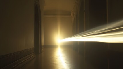 Light streaks illuminate a corridor, conveying motion and architectural detail