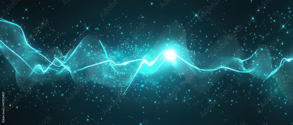 Wall mural abstract rendering of glowing teal energy wave with sparkling particles on dark background digital a