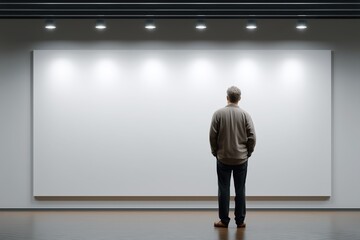 Fototapeta premium Modern art gallery wall with white empty background, a man in casual clothes standing On the right side of the image and looking at the blank wall position