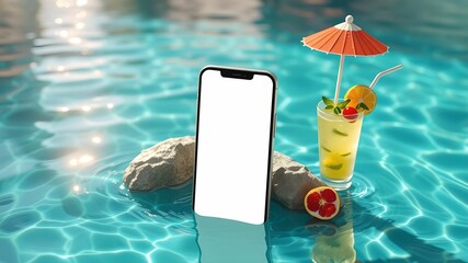 3D Phone Floating in Pool with Tropical Drink