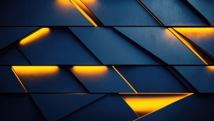 Dark, geometric wall with glowing accents.  Panelled,  faceted surface with angled sections and bright yellow lights, creating a futuristic look