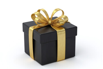 black gift box with a gold ribbon tied around it