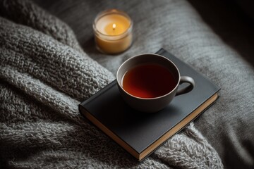 self-care flat lay, cup of tea, journal, candle, cozy scene, top view