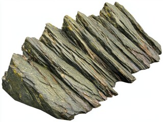 Close up of layered slate rock formation with sharp edges isolated on white background studio shot for geology concept