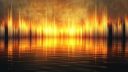 Golden light pillars reflected in calm water, creating a serene and abstract landscape - Powered by Adobe