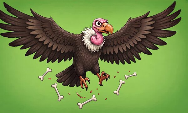 Cartoon vulture, wings spread, with bones and red droplets on green