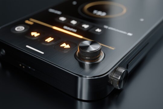 skeuomorphism modern music player app interface, 3D buttons, brushed metal textures, glowing display, shadow depth, realistic volume knob, elegant design