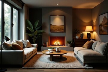 Cozy living room with fireplace, soft lighting, and comfortable furniture , bookshelves, room