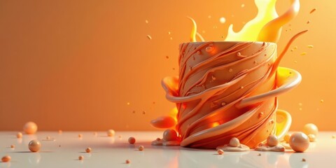 Abstract swirling orange liquid sculpture with fiery highlights and scattered spheres on a light surface