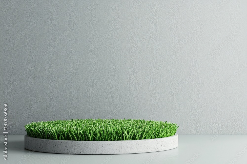 Poster round grass platform showcasing innovative design and serene aesthetics on soft gray background