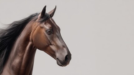 Fototapeta premium Majestic bay horse standing gracefully on a neutral white background, showcasing detailed coat texture, symbolizing elegance and natural beauty, perfect for equestrian, animal, and wildlife concepts.
