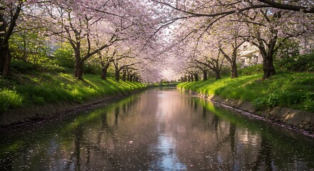 Springtime Serenity: Cherry Blossom Canal Reflections