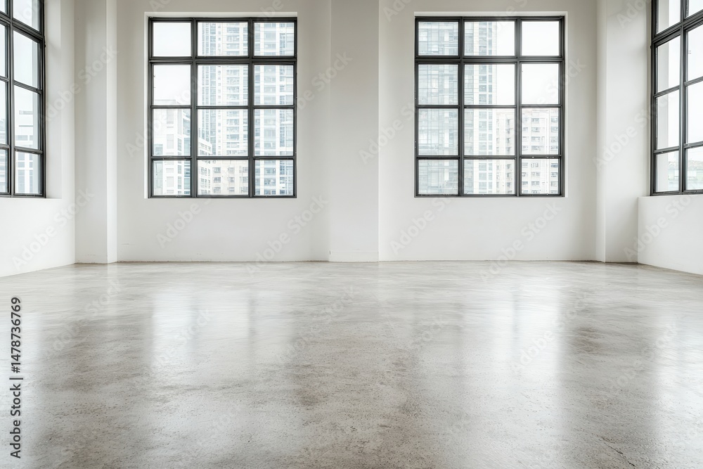 Poster Modern empty room with polished concrete floor and large windows showing city view