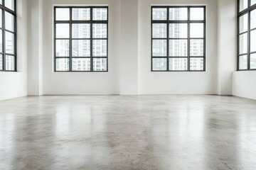 Modern empty room with polished concrete floor and large windows showing city view