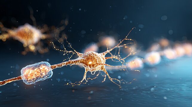 Neuron pathways forming a navigation compass in a developing brain with a biological golden glow against a deep blue background, symbolizing brain growth, neural development, and cognitive mapping.