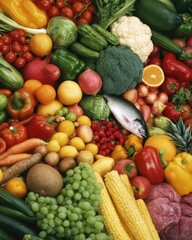 Abundant harvest of fresh fruits vegetables and fish overhead shot healthy eating concept balanced diet