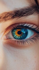 Fototapeta premium Close-up of a striking human eye with blue and orange iris looking forward in a vertical portrait